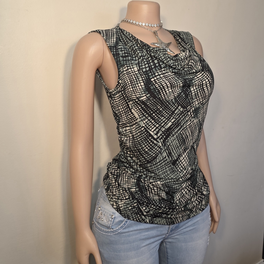 Tahari Black and Green Printed Sleeveless Cowl Neck Top - Picture 2 of 4